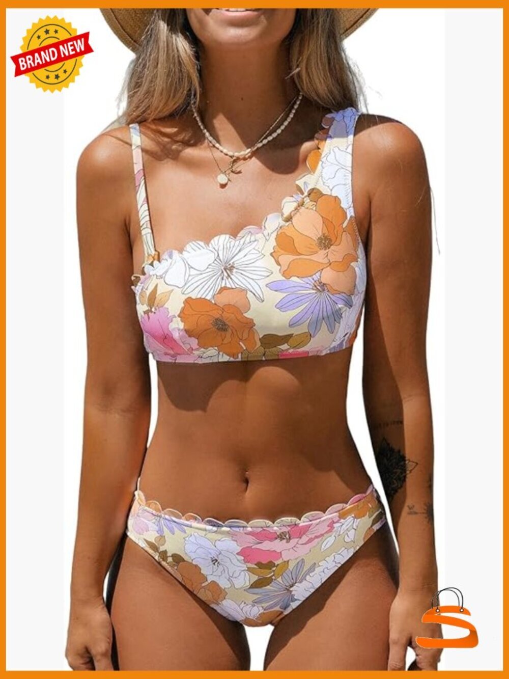 One Shoulder Scalloped Bikini Set Two Piece Swimwear with Removable Pads